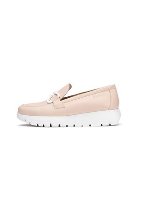 Light pink leather shoe with a white rubber sole, featuring a decorative strap and stitched detailing along the sides.