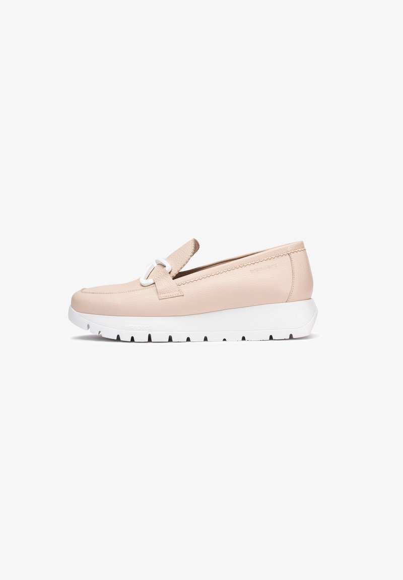 Light pink leather shoe with a white rubber sole, featuring a decorative strap and stitched detailing along the sides.
