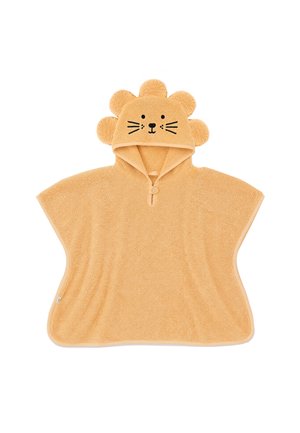 Beiger Kinder-Kapuzenhandtuch-Poncho mit Löwengesicht und Mähne auf der Kapuze aus weichem Frottee.