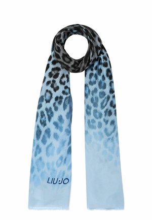 Sciarpa con motivo leopardato in tonalità di blu chiaro e nero, realizzata in tessuto morbido; presenta un logo blu in fondo.