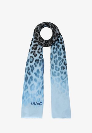 Sciarpa con motivo leopardato in tonalità di blu chiaro e nero, realizzata in tessuto morbido; presenta un logo blu in fondo.
