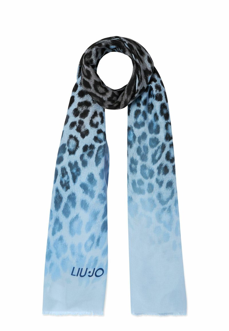 Sciarpa con motivo leopardato in tonalità di blu chiaro e nero, realizzata in tessuto morbido; presenta un logo blu in fondo.