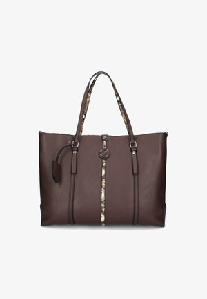 Borsa tote in pelle marrone con doppi manici e bordo decorativo a motivo, dotata di un logo centrale e tasca laterale. Texture liscia.