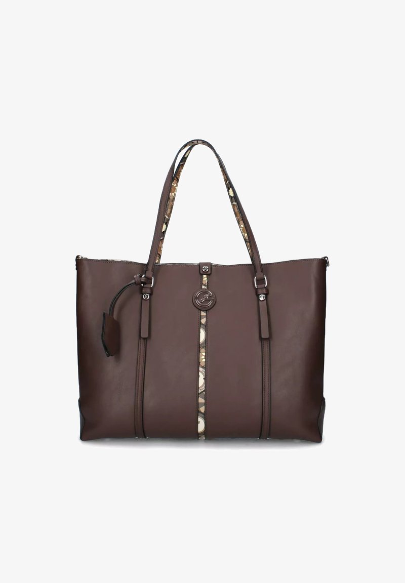 Borsa tote in pelle marrone con doppi manici e bordo decorativo a motivo, dotata di un logo centrale e tasca laterale. Texture liscia.
