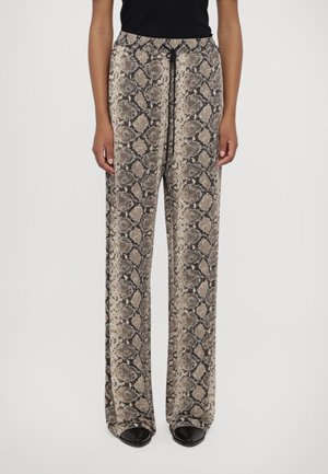Wide-leg trousers in a snake print pattern, featuring a drawstring waistband, soft fabric, and a neutral color palette of beige and black.