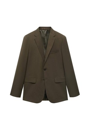Brauner einreihiger Herrenblazer mit Reverskragen, zwei aufgesetzten Taschen vorne, einer Brusttasche und Knopfverschluss.