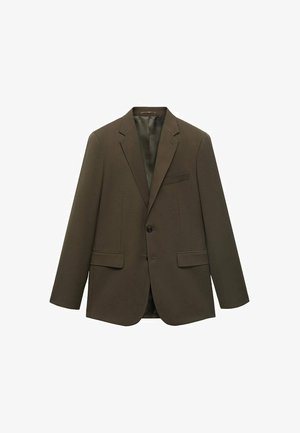 Brun enskilt knäppt kavaj för män med slag, två framtill fickor med klaff, en bröstficka och knäppning.