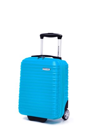 Blue hard-shell suitcase with horizontal ribbed design, retractable handle, and black accents. Features two wheels for mobility.