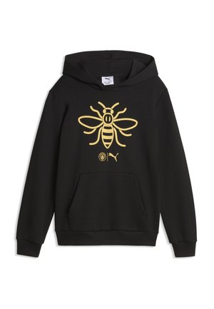 Schwarzer Kapuzenpullover mit großem goldenen Bienenmotiv und Puma-Logo auf der Vorderseite, mit Kängurutasche und gerippten Bündchen.