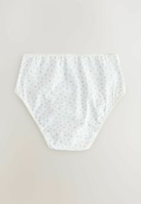Witte katoenen onderbroek met hoge taille en een klein blauw bloemenpatroon, afgewerkt met gekantelde kanten rand op een lichte achtergrond.