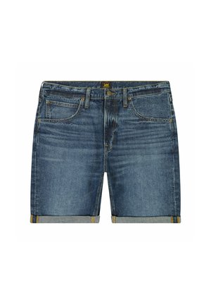 Denim shorts in donkerblauw met een vervaagde afwerking, opgerolde manchetten, vijf-pocketontwerp en gele stiksels.