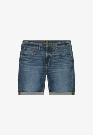 Shorts en denim bleu foncé avec une finition délavée, ourlets roulés, design cinq poches et accents de couture jaunes.