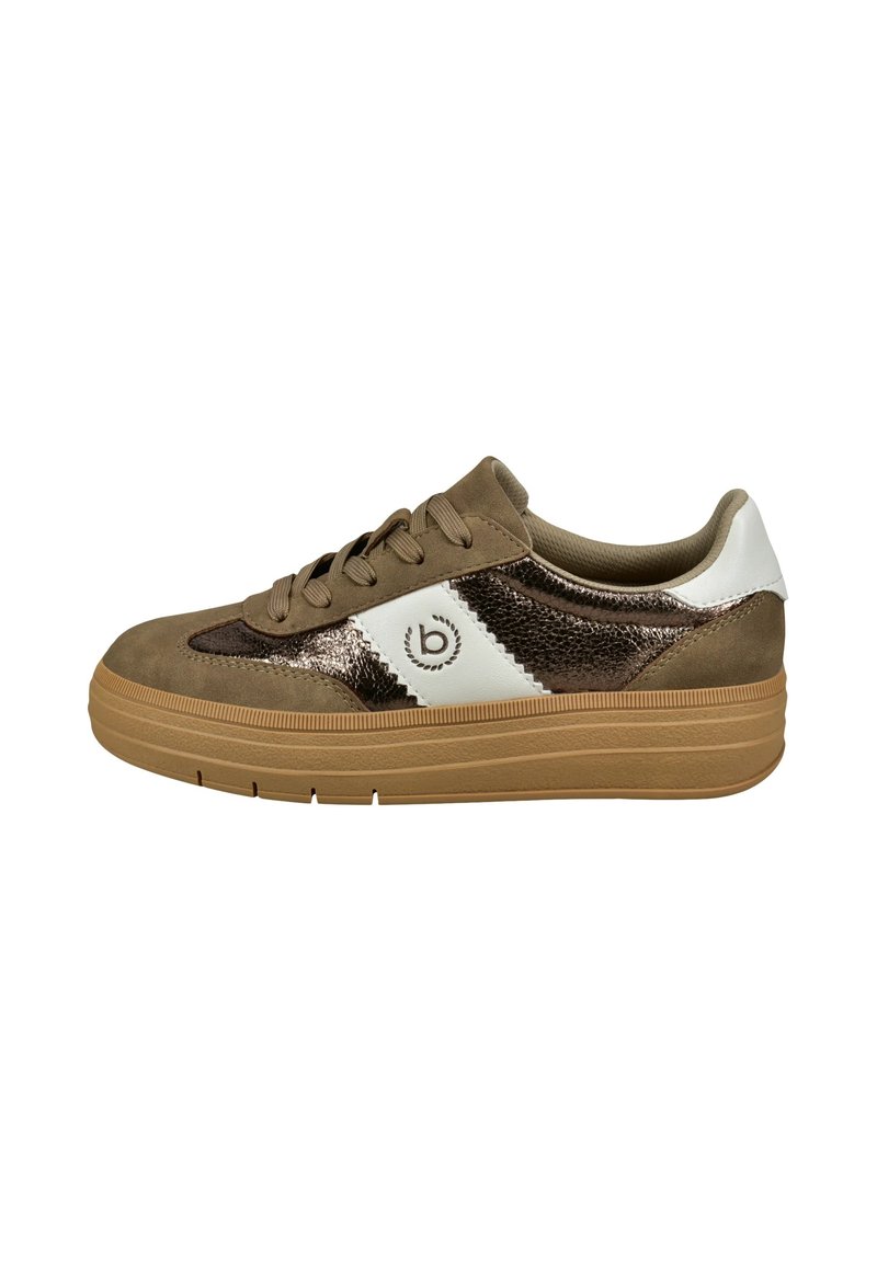 Brown leather sneakers with white accents, textured bronze panels, round toe, flat rubber sole, and six eyelets for laces.