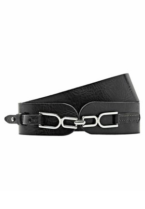 Ceinture en cuir noir avec boucle en métal argenté en forme de maillon de chaîne et extrémité de sangle cousue, présentée enroulée sur fond blanc.