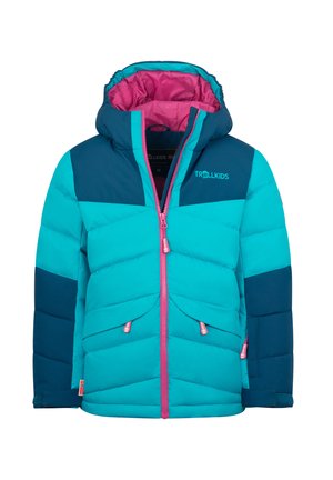 Türkiser und marineblauer Daunenjacke mit pinkem Innenfutter, Frontreißverschluss, zwei Seitentaschen und Kapuze. Verfügt über eine Chevron-Musternaht.