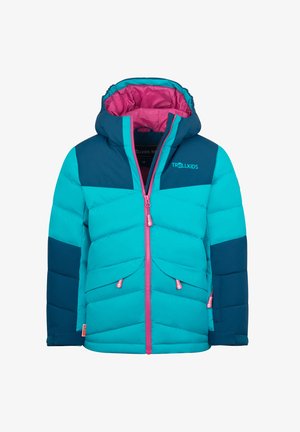 Turquoise and navy puffy jacket with a pink interior, front zip, two side pockets, and a hood. Features chevron pattern stitching.