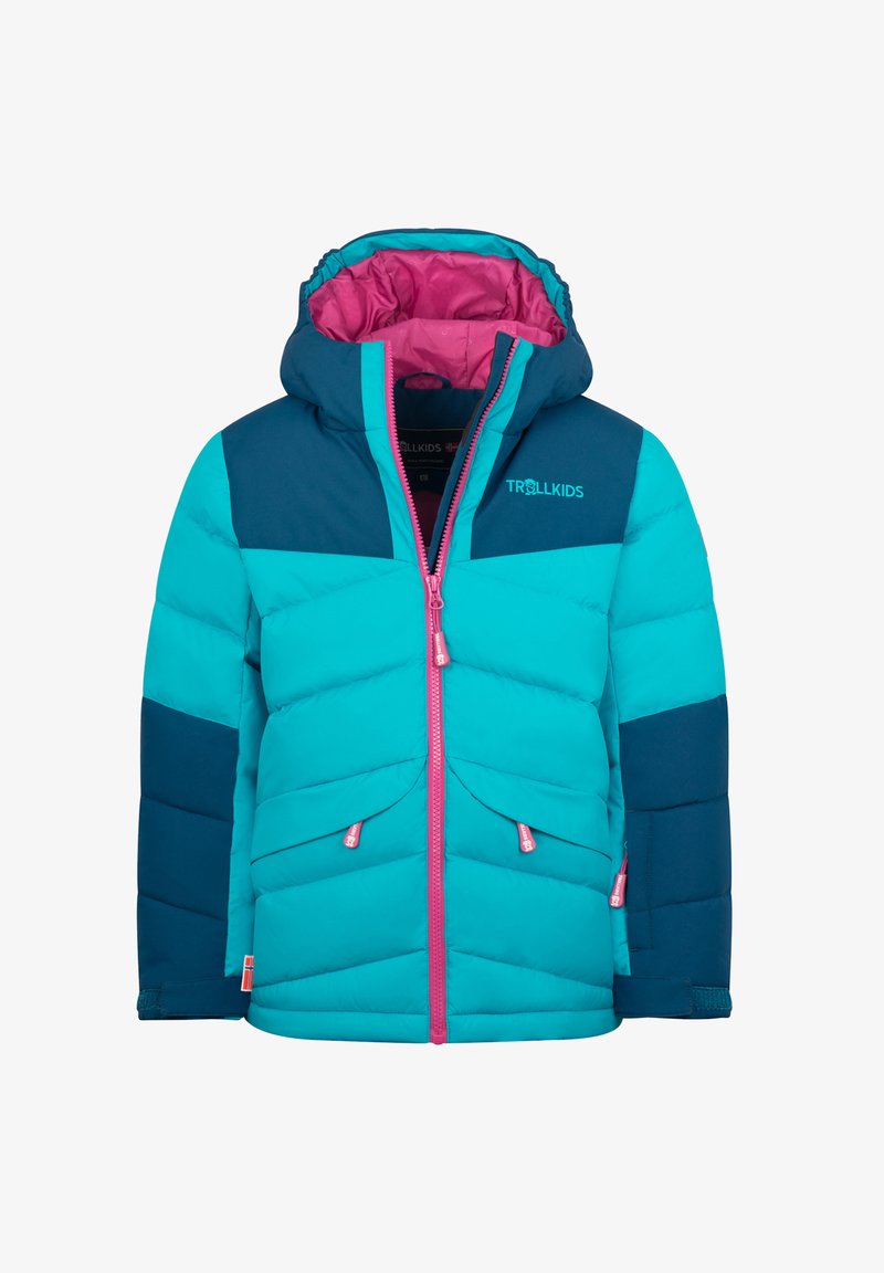 Turquoise and navy puffy jacket with a pink interior, front zip, two side pockets, and a hood. Features chevron pattern stitching.