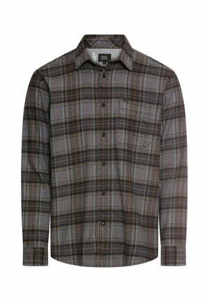 Grau gestreiftes Hemd mit langen Ärmeln, Button-Down-Kragen, Fronttasche und Akzenten in Braun und Hellblau. Aus Flanellstoff gefertigt.
