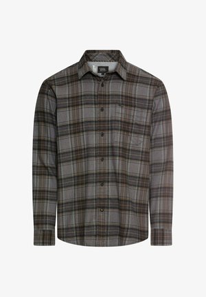 Grau gestreiftes Hemd mit langen Ärmeln, Button-Down-Kragen, Fronttasche und Akzenten in Braun und Hellblau. Aus Flanellstoff gefertigt.