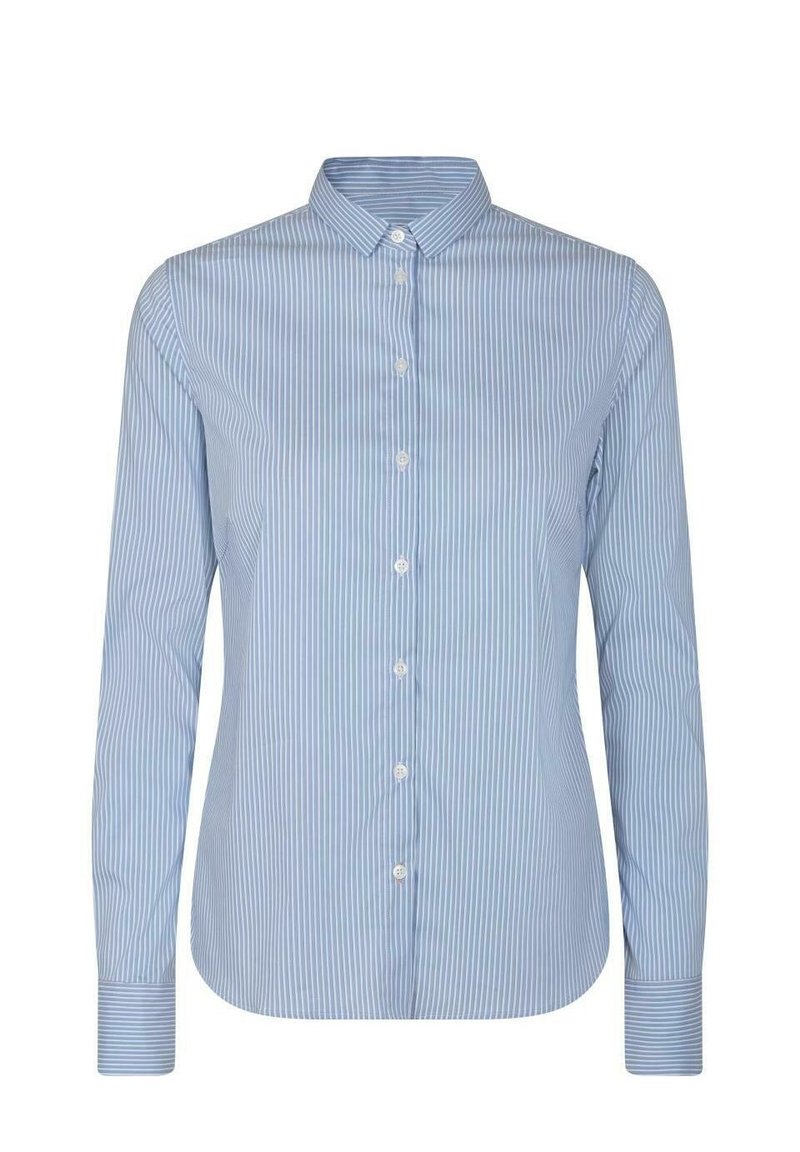 Light blue long-sleeve button-up shirt with white vertical stripes and a standard collar, laid flat against a white background.