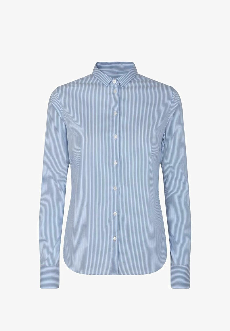 Light blue long-sleeve button-up shirt with white vertical stripes and a standard collar, laid flat against a white background.
