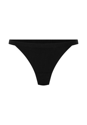 Zwarte katoenen low-rise stringonderbroek met smalle tailleband, weergegeven op een witte achtergrond.