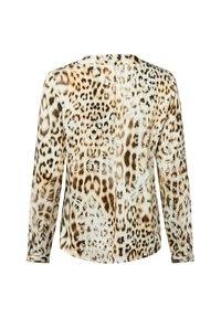 T-shirt à manches longues en tissu léger, présentant un imprimé léopard beige et marron avec un motif subtil en superposition, un col rond et un ourlet arrondi.