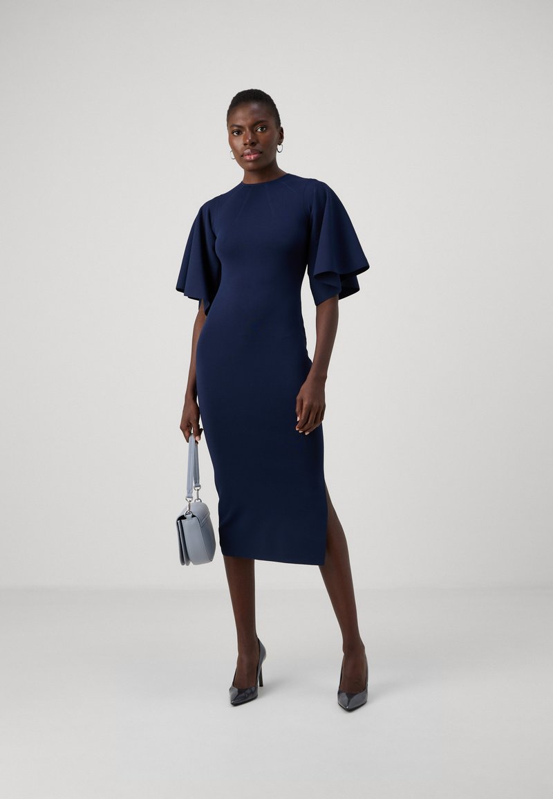 bright blue bodycon dress Final Sale Plus Size Deep Faux Wrap Long Sleeve Bandage with Gold Buttons in Royal Clarisse 811233 Sequin Pattern label_us_USA 2 DAY DELIVERY Size:6 - 9 months 95% Polyester