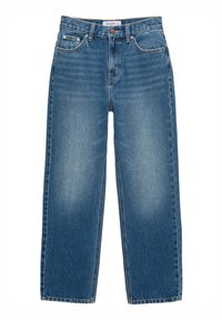 Blå denimjeans med avslappnad passform, raka ben och en lätt blekning. Klassisk fem-fickorsdesign med knappstängning framtill.