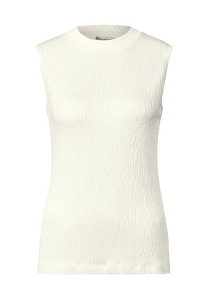 Top blanco sin mangas con tejido texturizado que presenta sutiles patrones lineales. Cuello redondeado y forma ajustada; acabado suave.