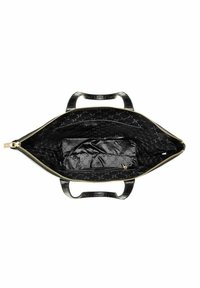 Czarna torebka z gładką, tłoczoną powierzchnią. Złoty zamek, dwa krótkie uchwyty oraz pikowane, czarne wnętrze z kieszonką.