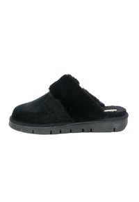 Le ciabatte in suede nero presentano una morbida fascia in pelliccia sintetica e una spessa suola in gomma con scanalature per una buona aderenza, progettate per comfort e facilità d'uso.