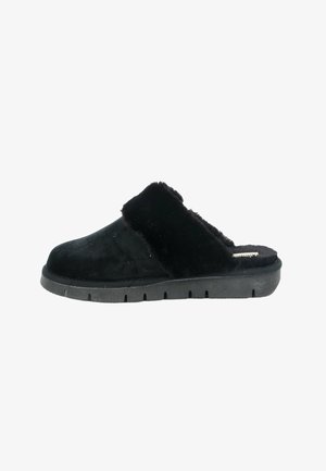 Le ciabatte in suede nero presentano una morbida fascia in pelliccia sintetica e una spessa suola in gomma con scanalature per una buona aderenza, progettate per comfort e facilità d'uso.