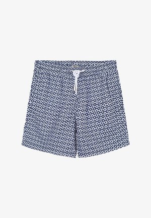 Marine zwemshorts met een geometrisch wit patroon, elastische tailleband met trekkoord en zijzakken. Gemaakt van sneldrogend materiaal.