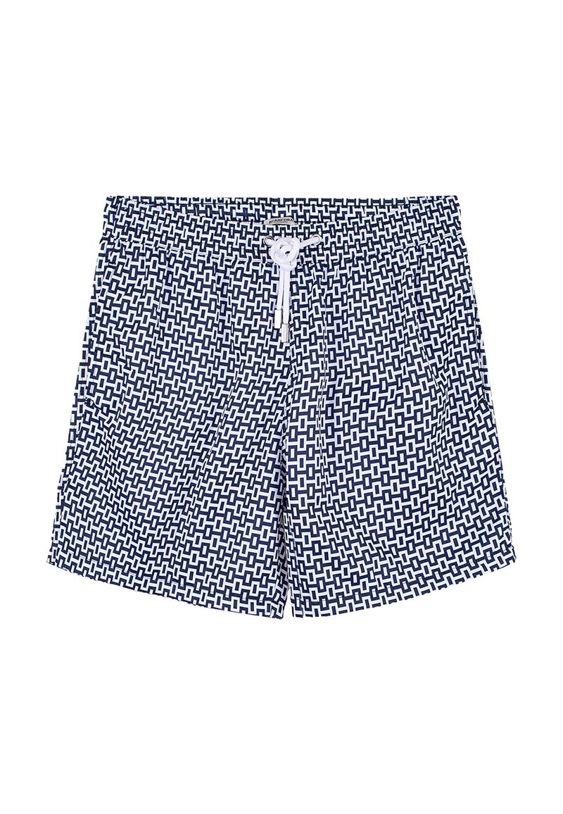Pantaloni da nuoto navy con un motivo geometrico bianco, vita elastica con coulisse e tasche laterali. Realizzati in materiale che si asciuga rapidamente.