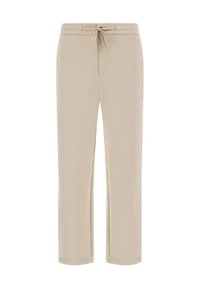 Béžové joggingové nohavice vyrobené z mäkkej látky, s elastickým pásom so šnúrkou, rovnými nohavicami a bez viditeľných vreciek.