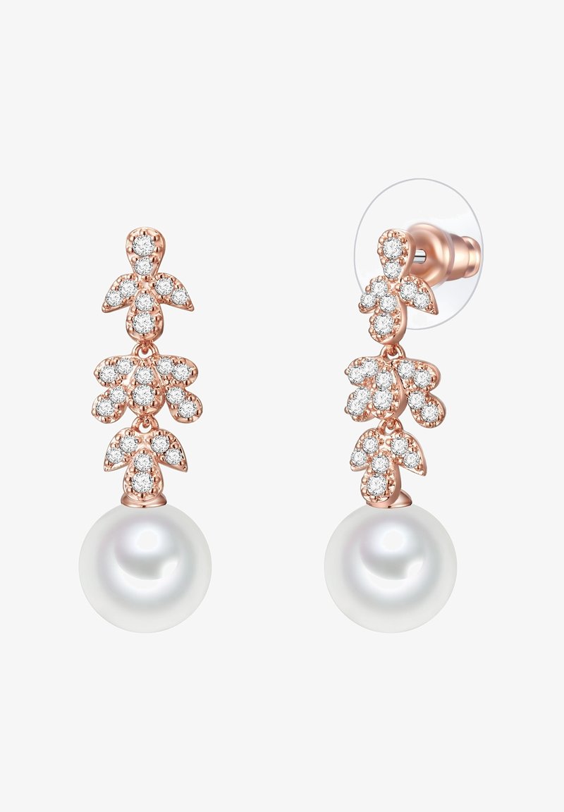 Náušnice z ružového zlata s dizajnom listu, ozdobené priehľadnými kubickými zirkónmi a bielymi perlami. Hladký povrch, elegantný tvar.
