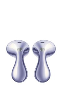 Drahtlose Ohrhörer in glänzendem Lavendel-Finish, mit rundem Design, kleinen Lautsprechergitter und einer glatten, reflektierenden Textur.