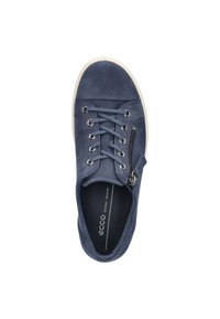 Navy blue suede sneaker with a round toe, front laces, and side zipper. White rubber sole. Interior features ECCO branding.
