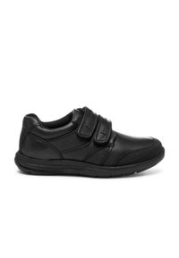 Zwarte leren schoenen met een ronde neus, voorzien van twee klittenbandsluitingen, een gestructureerde bovenkant en een flexibele rubberen zool.
