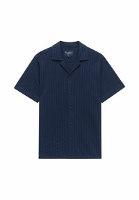 Marineblauw overhemd met korte mouwen en een kraag, voorzien van verticale strepen, knoopsluiting en een relaxte pasvorm in zachte, gestructureerde stof.