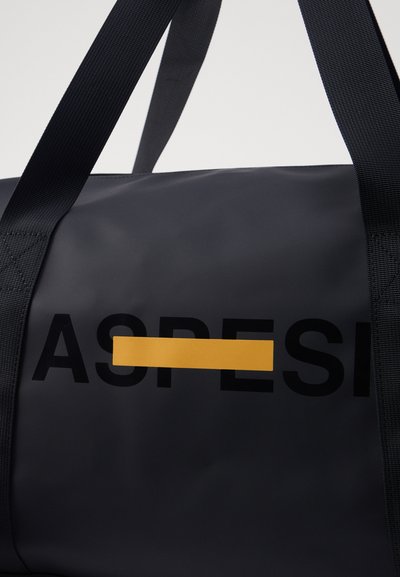 Black waterproof bag with sturdy black handles. Features bold black text "ASPE" and a yellow horizontal stripe for contrast.