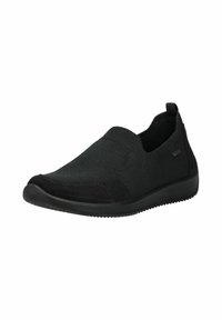 Scarpe slip-on nere con tomaia in tessuto texturizzato, dettagli in suede liscio, punta arrotondata e suola in gomma flessibile.