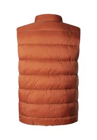 Gilet arancione imbottito con colletto alto, caratterizzato da sezioni trapuntate e una texture di tessuto liscia e lucida. Nessun gancio o tasca visibile.