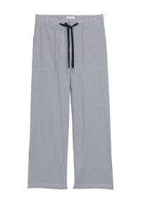Pantalons larges rayés bleu marine et blanc avec une taille élastique, un cordon de serrage et deux poches avant. Tissu doux, design décontracté.