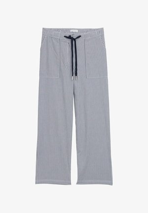 Marineblauwe en witte gestreepte wijde broek met een elastische tailleband, koord en twee voorkruiszakken. Zachte stof, casual ontwerp.
