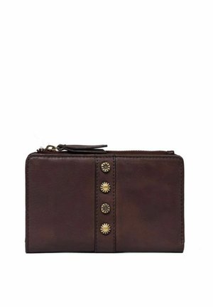 Brown leather wallet with a zipper closure, featuring a smooth texture and decorative gold-tone studs along the center.