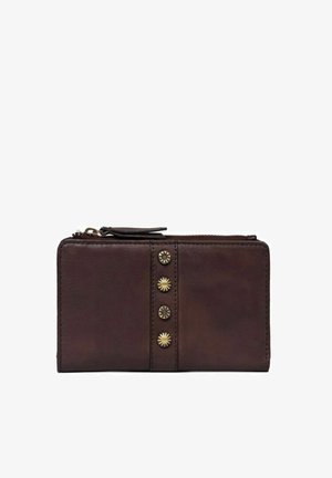 Brown leather wallet with a zipper closure, featuring a smooth texture and decorative gold-tone studs along the center.