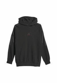 Schwarzer Kapuzenpullover mit Raglanärmeln, strukturiertem Stoff, elastischen Bündchen und elastischem Saum. Mit kleinem rotem Logo auf der Brust.