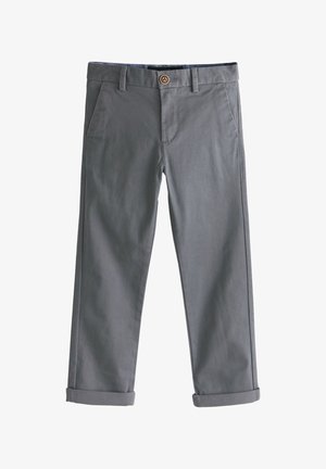 Pantalons en coton gris avec une texture lisse, design à coupe droite et ourlets retroussés. Dotés de poches avant et d'une fermeture à bouton en bois.